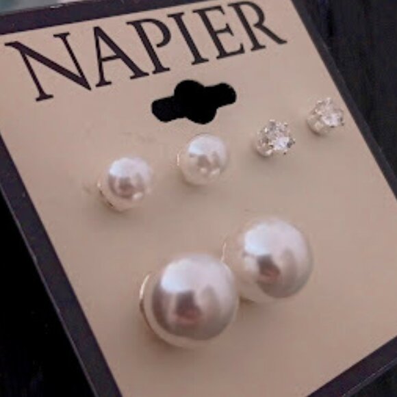 Napier Jewelry - NAPIER 3pc SET Contemporary Silver White Pearl/Clear CZ Stone Stud Earrings~NEW